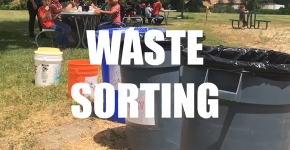 Recycling and waste bins on a schoolyard.