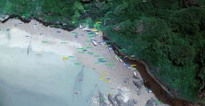 A high-resolution coastal image with labeled natural and marine debris.