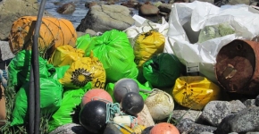 A person next to a large pile of collected marine debris on a rocky shoreline.