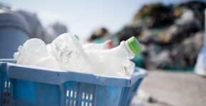 A box full of plastic bottles. 
