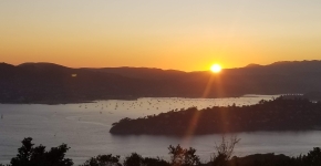 A view from high up looking over Richardson Bay in California during a sunrise.