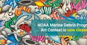 A drawing of a coral reef full of sea creatures and trash, with an octopus at the top holding two signs reading "We need clean water to thrive" and "Our home is not your garbage can," artwork by Sahini K. (Grade 6, Florida), winner of the Annual NOAA Marine Debris Program Art Contest. 