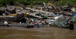 Logs and debris blocking a river. 