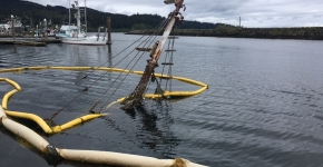 The mast of a sunken vessel protrudes out of the water at the Makah Marina in Neah Bay.