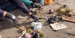 Two people sort debris on a sandy beach.