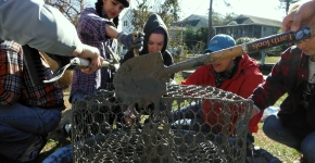 Volunteers re-purposing crab pots.