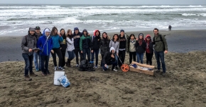 A group of students with monitoring equipment on a beach.