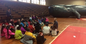 Students sit on the floor in discussion with the inflatable whale classroom in the background.
