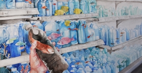 A watercolor painting of plastic bottles on store shelves filled with water and fish. A hand is holding a bottle filled with polluted liquid and a fish.
