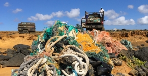 Pile of derelict fishing gear on a beach. 