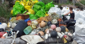 A large pile of debris and a woman transporting debris on an ATV.