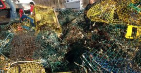A pile of derelict crab traps. (Photo Credit: G. Bradt, NH Sea Grant)