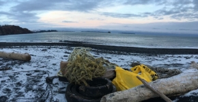 A coastal view of Alaska where the tide is out and exposes a muddy beach. On the beach rests drift wood and plastic debris.