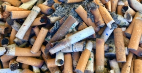 A pile of sandy cigarette butts. 