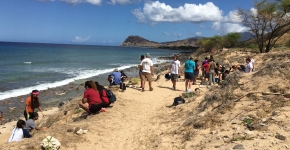 Community volunteers cleaning up a beach.