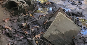 Metal debris stuck in the sediment of a muddy creek surrounded by fallen branches and leaves.