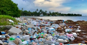 A shoreline covered in plastic bottles and other marine debris.