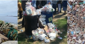 A triptych showing derelict fishing gear on a rocky beach, overflowing trash cans, and microplastics mixed in with natural debris on a shoreline.