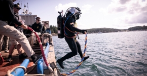 A SCUBA diver jumps off of the side of a boat into the water.