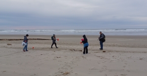People placing red flags on a beach.