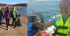Students on a beach with bags of collected debris and a student on a boat with a surface water sample.