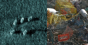 A side-scan sonar image on the left and a photo of derelict lobster pots on the right.