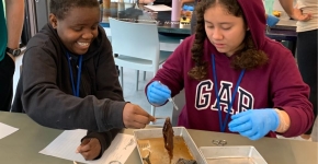 Two students sit at a table with rubber gloves on and holding tweezers to pick up a dead fish.