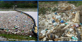 Debris collects behind large trash booms that prevent it from reaching the ocean. (Photo Credit: Sand Diego Surfrider)