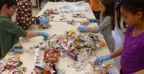 Students sorting trash.