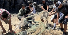 Volunteers removing a derelict fishing net from the shoreline.