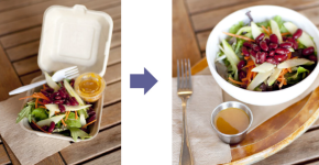 An image of a meal in disposable packaging and then the same meal in reusable containers.
