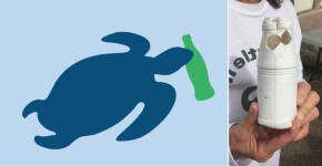 Graphic of a turtle biting a bottle, then a photo of a bottle with turtle bites taken out,
