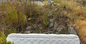 A white mattress lies on the ground in an empty lot with overgrown grasses and weeds.