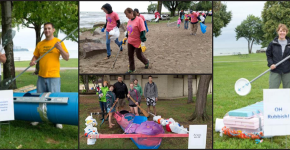 Volunteers clean up a beach and pose next to the boat they built from marine debris at the Great Lake Erie Boat Float in 2014 and 2015.