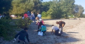 Students cleaning up debris on a beach.