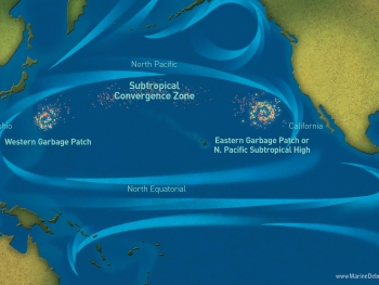 Oversimplified graphic of "garbage patches" in the North Pacific Ocean.