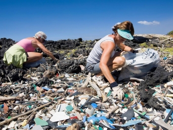 Two people cleaning up marine debris from a rocky shore.