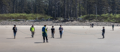 A group of lined people up on the beach.