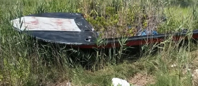 A derelict vessel overgrown with marsh grasses.