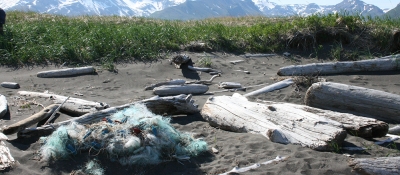 A derelict net rests on a remote Alaskan shoreline. 