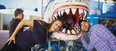 People with their head in a fake shark mouth at an outreach event. 