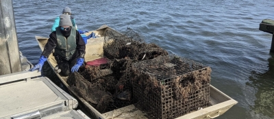 Two people on a small vessel piled with derelict crab pots.