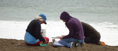 Educators sample for microplastics on Rodeo Beach in Northern California