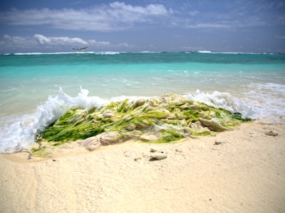 The Marine Debris team removes a large bundle of thin plastic film weighing 270 kg. (594 lbs.) from the southeastern shoreline of Eastern Island. (Photo Credit: NOAA PIFSC Coral Reef Ecosystem Program)