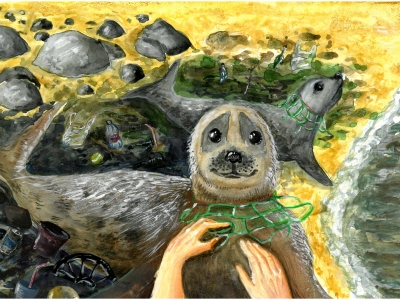 Artwork of a seal caught in marine debris.
