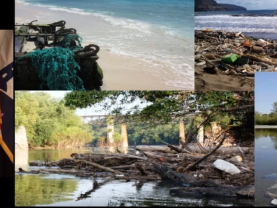 A collage of photos featuring a woman speaking, derelict fishing gear washed up on a beach, marine debris caught up in a pile of logs in a river, and plastic debris that collected in a watershed in front of the Capitol building.