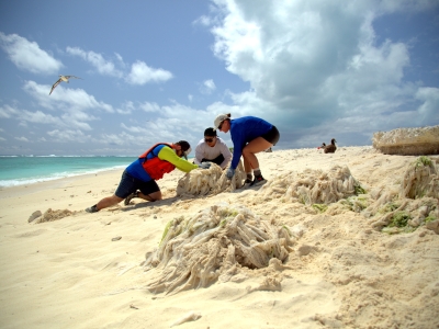 The Marine Debris team cutting the large bundle of thin plastic film into manageable pieces. (NOAA PIFSC Coral Reef Ecosystem Program)