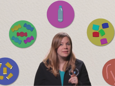 Speaker surrounded with circles contain different kinds of plastic waste.