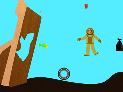 Cartoon scuba diver in sea with debris.