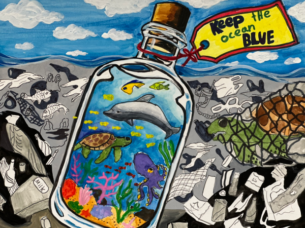 Artwork of an enlarged glass bottle full of colorful, clean sea creatures and a tag tied to the top that reads "Keep the ocean blue". The bottle is illustrated to be within a grey scaled ocean full of various marine debris items and entangled sea creatures. 